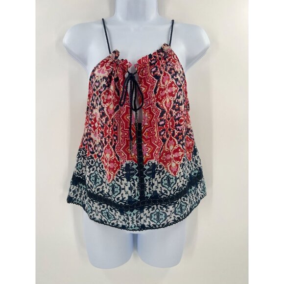 Gypsy XS Halter Top Red Blue Medallion Print Tie-Front Boho Festival Cami - Picture 3 of 10